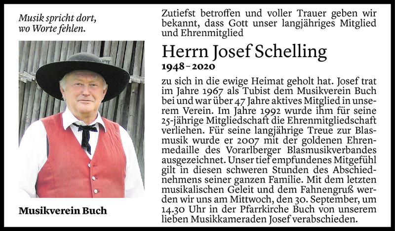  Todesanzeige für Josef Schelling vom 28.09.2020 aus Vorarlberger Nachrichten