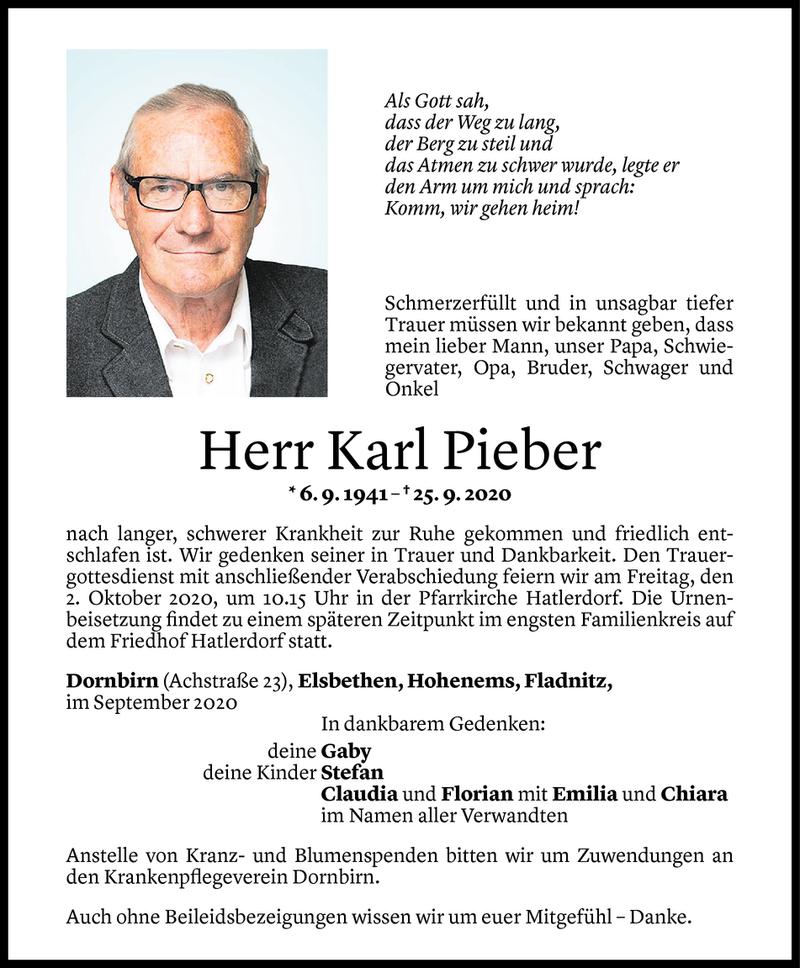  Todesanzeige für Karl Pieber vom 28.09.2020 aus Vorarlberger Nachrichten