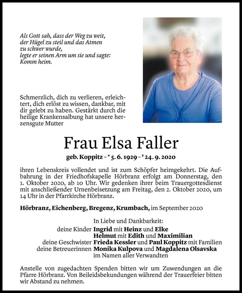  Todesanzeige für Elsa Faller vom 28.09.2020 aus Vorarlberger Nachrichten