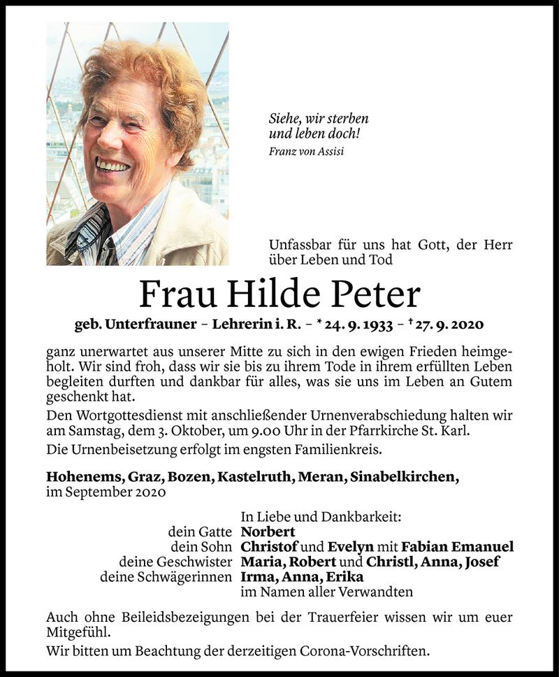  Todesanzeige für Hilde Peter vom 30.09.2020 aus Vorarlberger Nachrichten