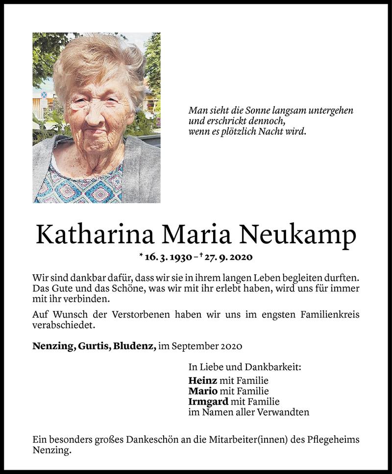  Todesanzeige für Katharina Maria Neukamp vom 30.09.2020 aus Vorarlberger Nachrichten