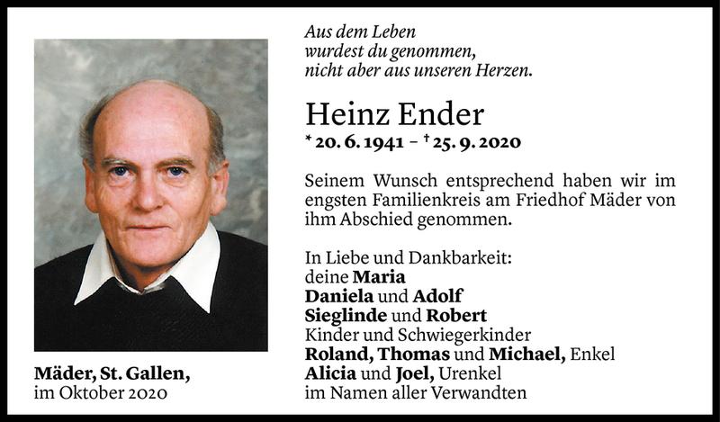  Todesanzeige für Heinz Ender vom 01.10.2020 aus Vorarlberger Nachrichten