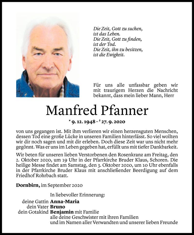  Todesanzeige für Manfred Pfanner vom 29.09.2020 aus Vorarlberger Nachrichten