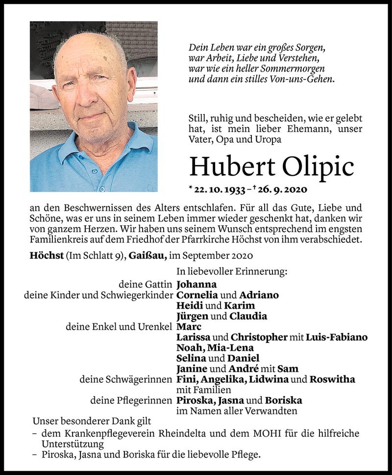  Todesanzeige für Hubert Olipic vom 30.09.2020 aus Vorarlberger Nachrichten