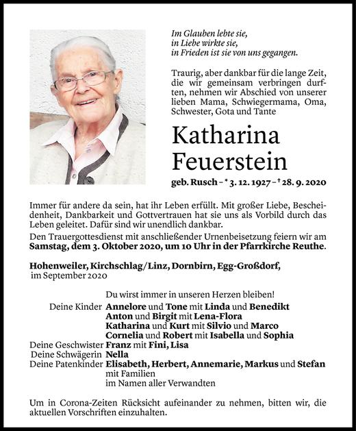 Todesanzeige von Katharina Feuerstein von Vorarlberger Nachrichten