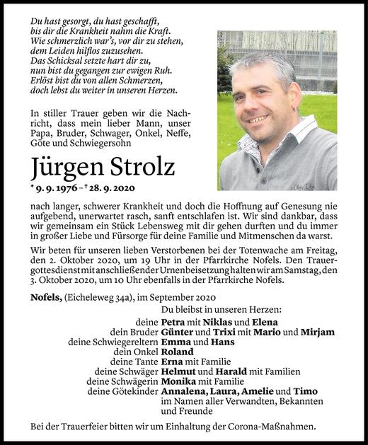 Todesanzeige von Jürgen Strolz von Vorarlberger Nachrichten