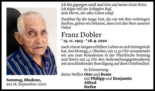 Todesanzeige von Franz Dobler von Vorarlberger Nachrichten