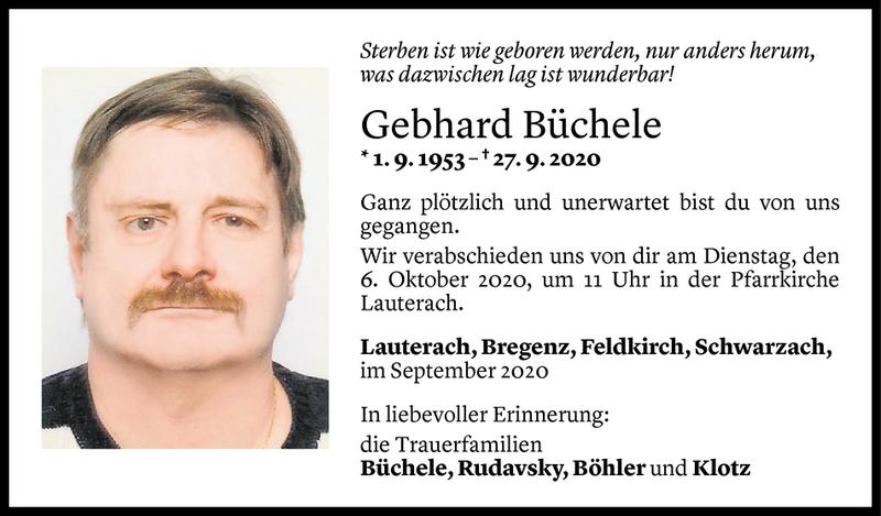  Todesanzeige für Gebhard Büchele vom 01.10.2020 aus Vorarlberger Nachrichten