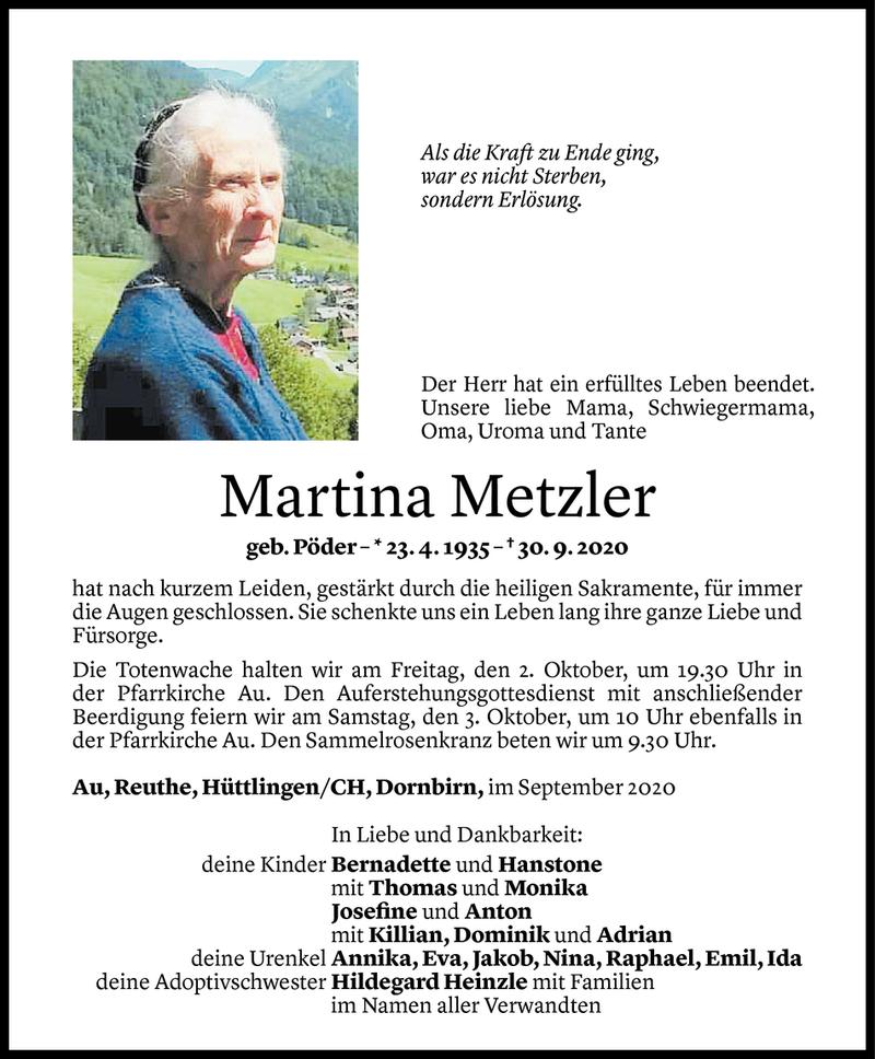  Todesanzeige für Martina Metzler vom 30.09.2020 aus Vorarlberger Nachrichten
