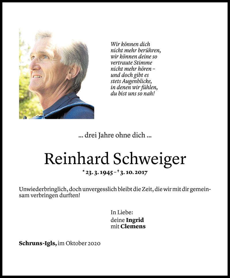  Todesanzeige für Reinhard Schweiger vom 02.10.2020 aus Vorarlberger Nachrichten