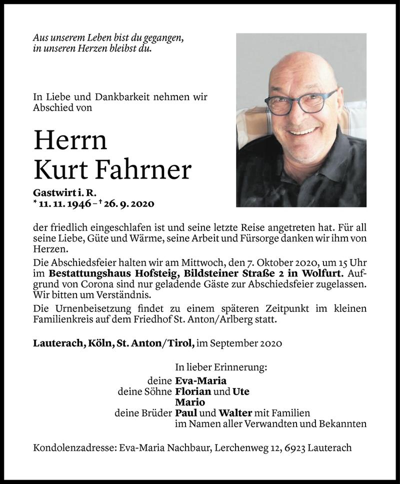  Todesanzeige für Kurt Fahrner vom 02.10.2020 aus Vorarlberger Nachrichten