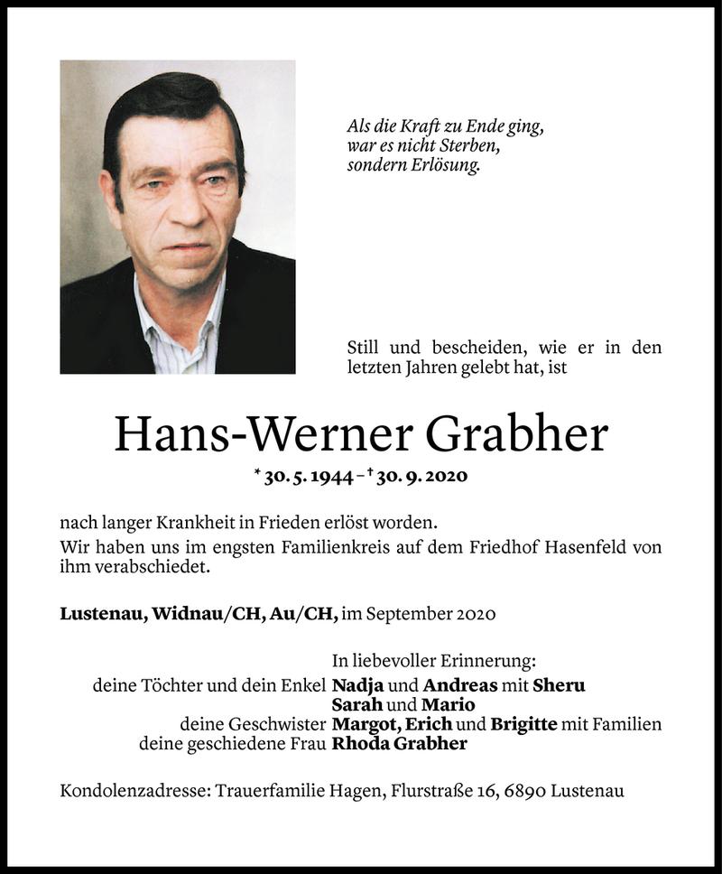  Todesanzeige für Hans-Werner Grabher vom 05.10.2020 aus Vorarlberger Nachrichten