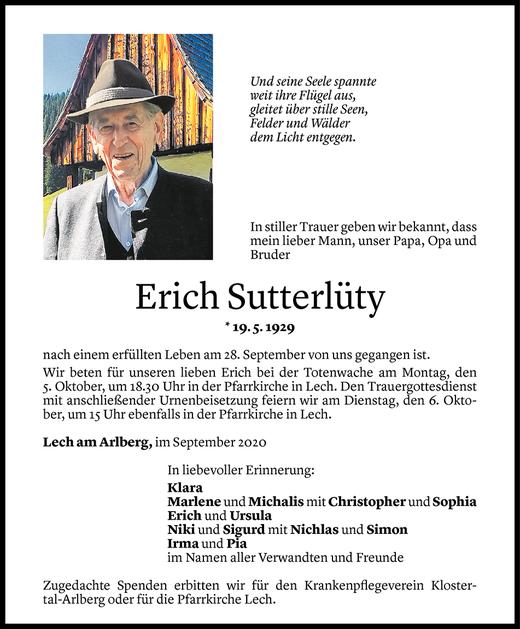 Todesanzeige von Erich Sutterlüty von Vorarlberger Nachrichten