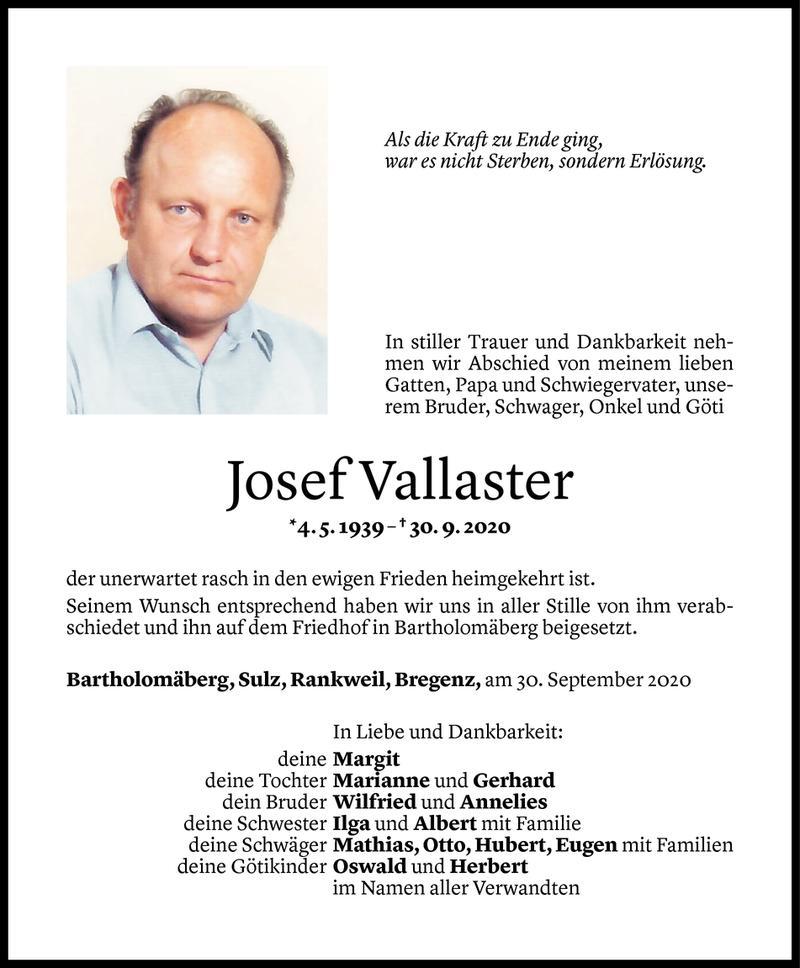  Todesanzeige für Josef Vallaster vom 10.10.2020 aus Vorarlberger Nachrichten