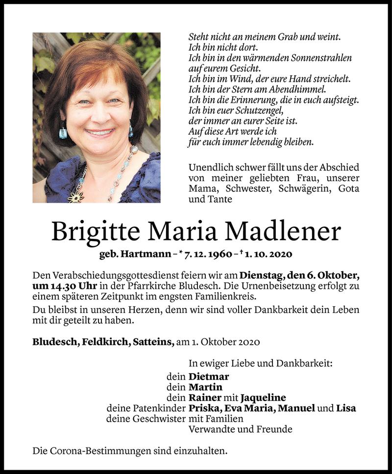  Todesanzeige für Brigitte Maria Madlener vom 02.10.2020 aus Vorarlberger Nachrichten