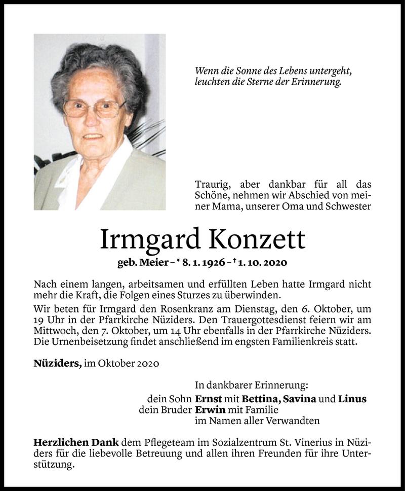  Todesanzeige für Irmgard Konzett vom 03.10.2020 aus Vorarlberger Nachrichten