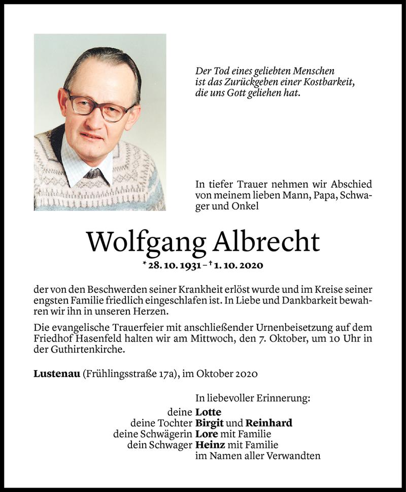  Todesanzeige für Wolfgang Albrecht vom 04.10.2020 aus Vorarlberger Nachrichten