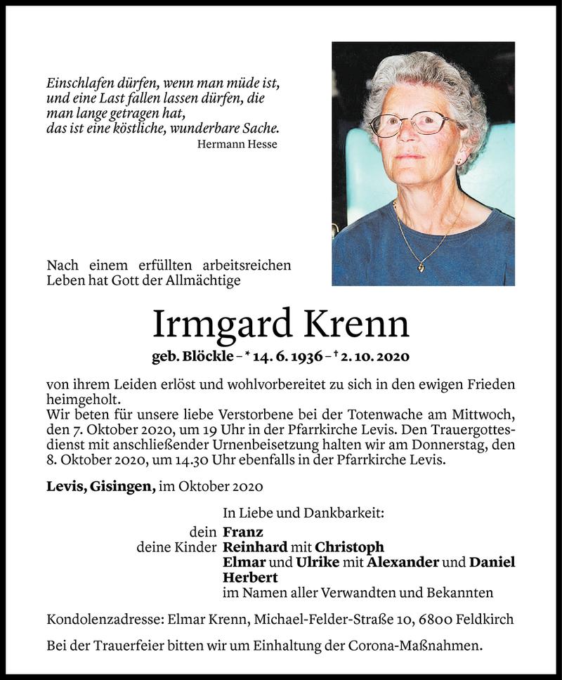  Todesanzeige für Irmgard Krenn vom 05.10.2020 aus Vorarlberger Nachrichten