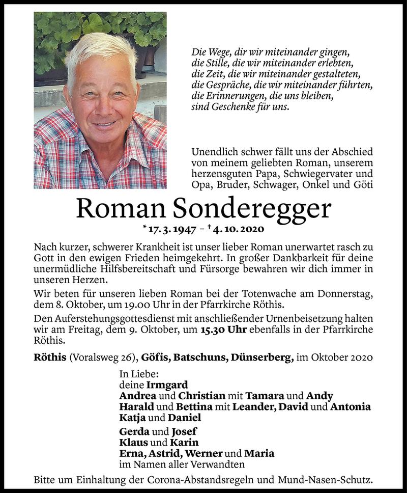  Todesanzeige für Roman Sonderegger vom 06.10.2020 aus Vorarlberger Nachrichten