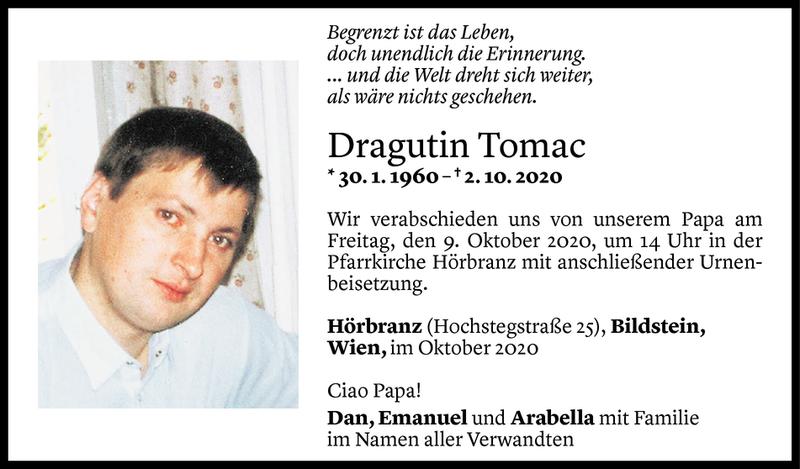  Todesanzeige für Dragutin Tomac vom 06.10.2020 aus Vorarlberger Nachrichten