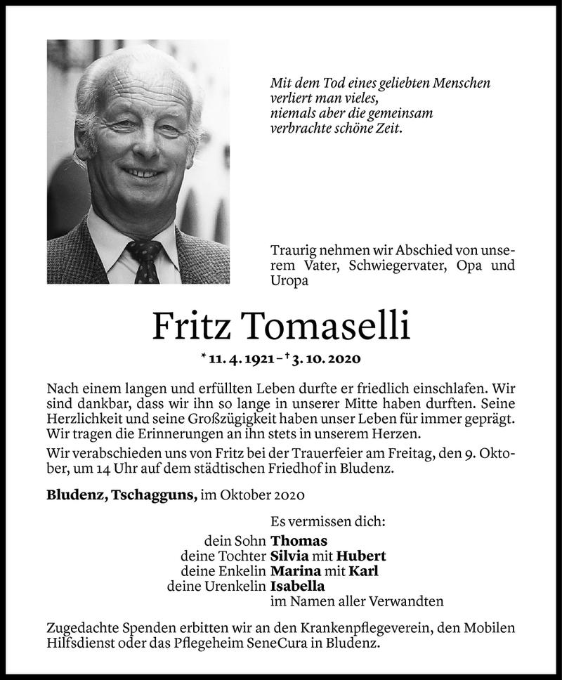  Todesanzeige für Fritz Tomaselli vom 07.10.2020 aus Vorarlberger Nachrichten