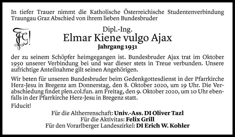  Todesanzeige für Elmar Kiene vom 06.10.2020 aus Vorarlberger Nachrichten