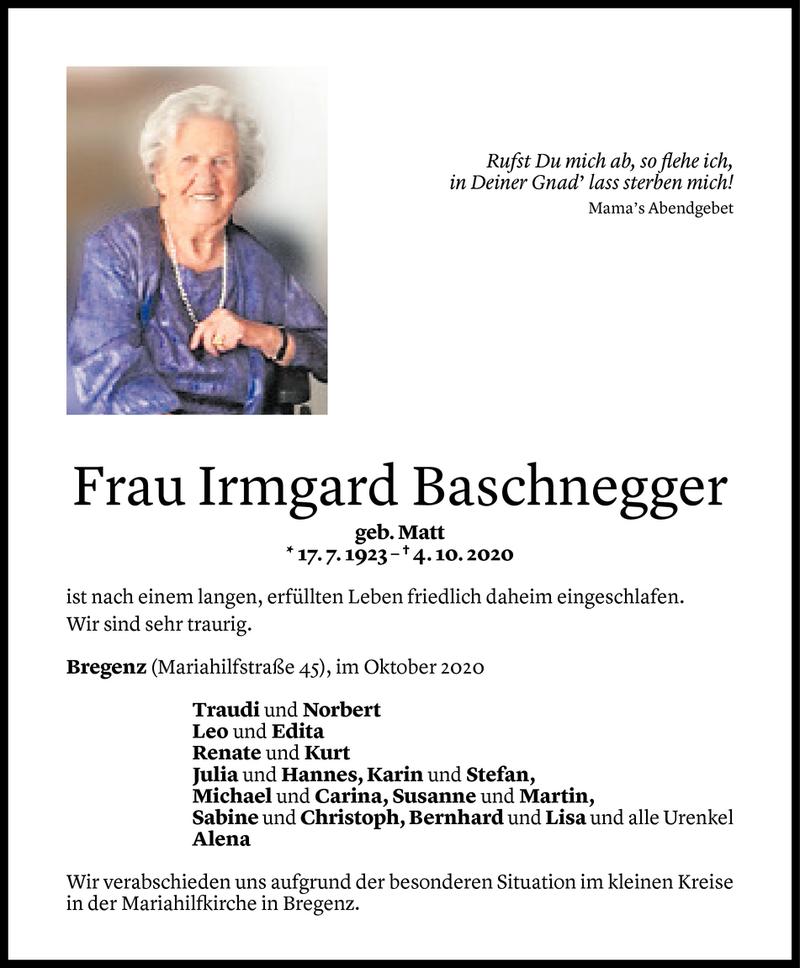  Todesanzeige für Irmgard Baschnegger vom 09.10.2020 aus Vorarlberger Nachrichten