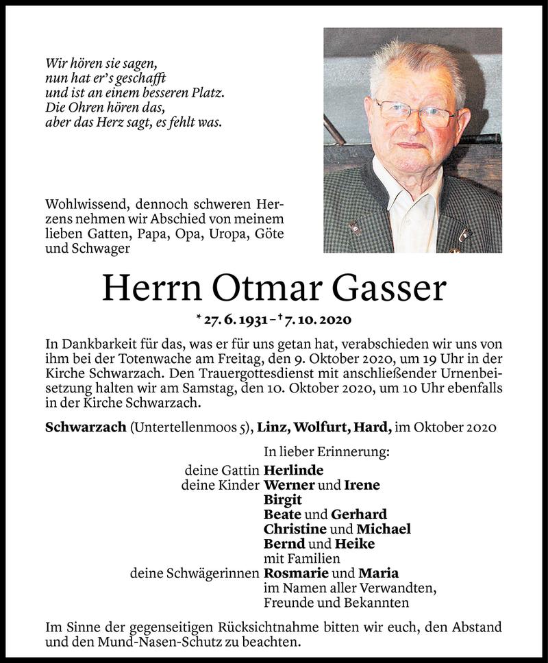  Todesanzeige für Otmar Gasser vom 07.10.2020 aus Vorarlberger Nachrichten