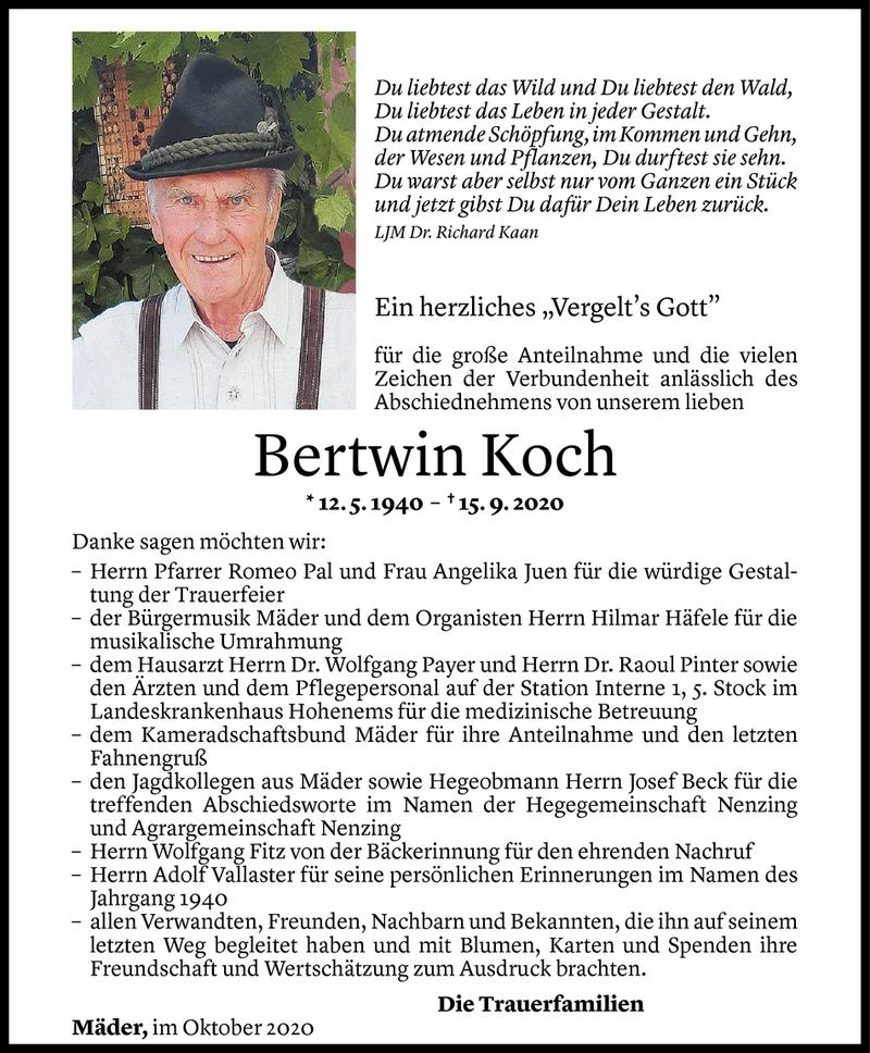  Todesanzeige für Bertwin Koch vom 10.10.2020 aus Vorarlberger Nachrichten