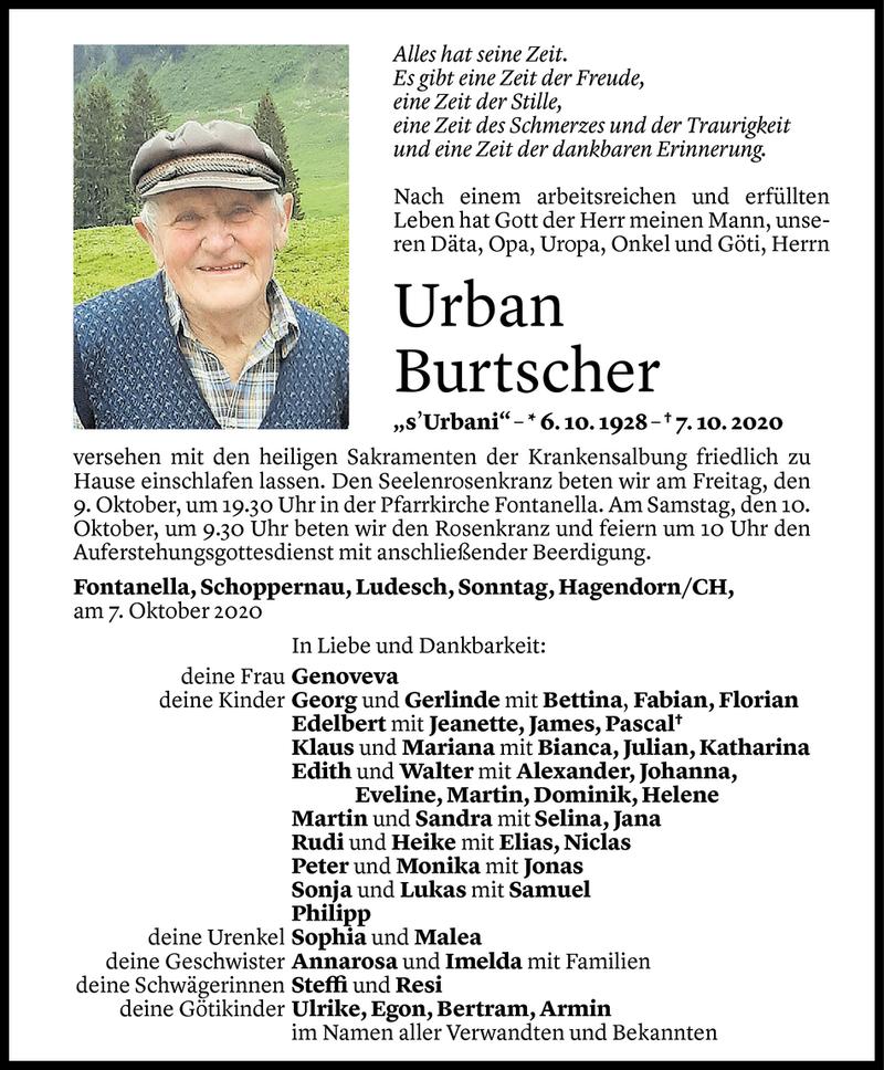  Todesanzeige für Urban Burtscher vom 08.10.2020 aus Vorarlberger Nachrichten