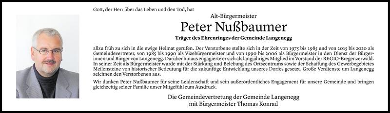  Todesanzeige für Peter Nußbaumer vom 08.10.2020 aus Vorarlberger Nachrichten