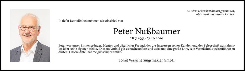  Todesanzeige für Peter Nußbaumer vom 08.10.2020 aus Vorarlberger Nachrichten