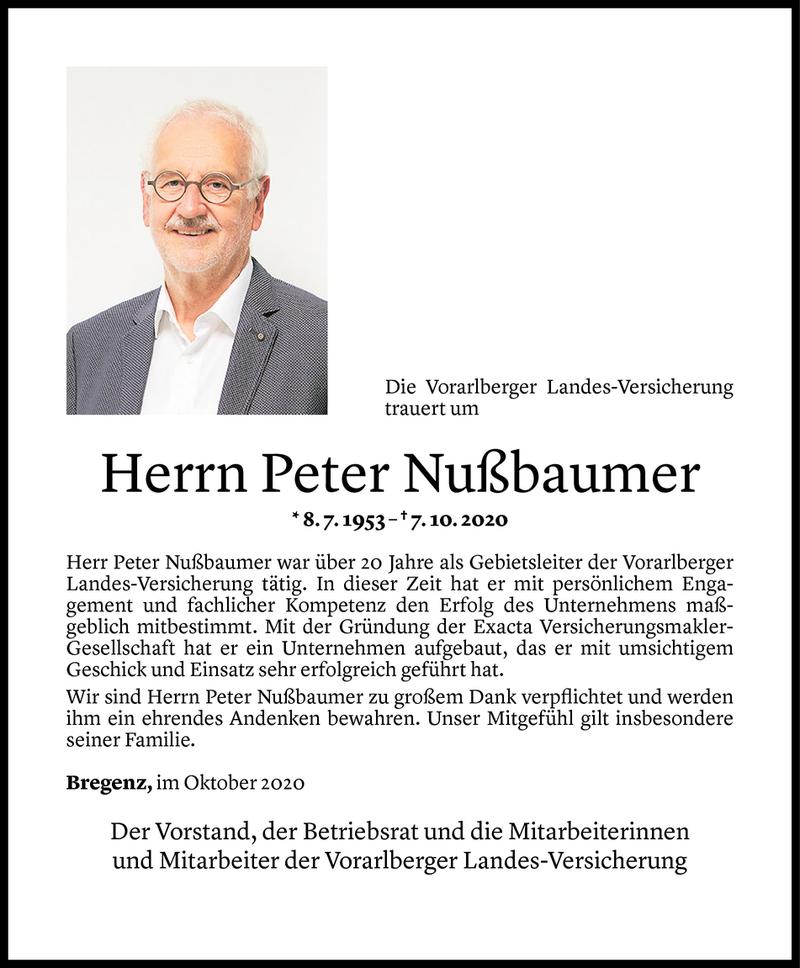  Todesanzeige für Peter Nußbaumer vom 08.10.2020 aus Vorarlberger Nachrichten