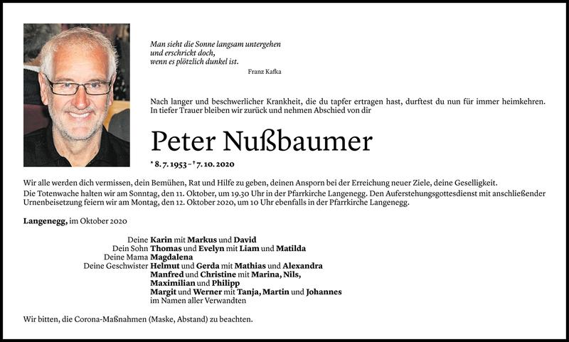  Todesanzeige für Peter Nußbaumer vom 08.10.2020 aus Vorarlberger Nachrichten