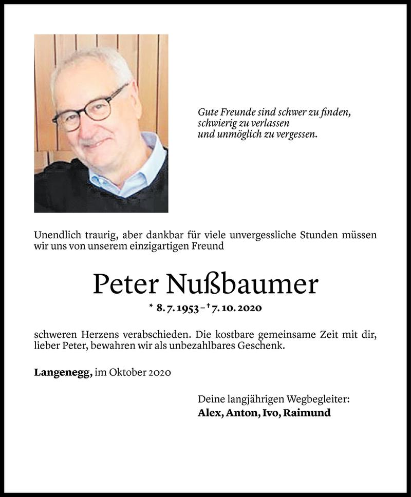  Todesanzeige für Peter Nußbaumer vom 09.10.2020 aus Vorarlberger Nachrichten