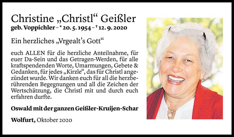  Todesanzeige für Christine Geißler vom 09.10.2020 aus Vorarlberger Nachrichten