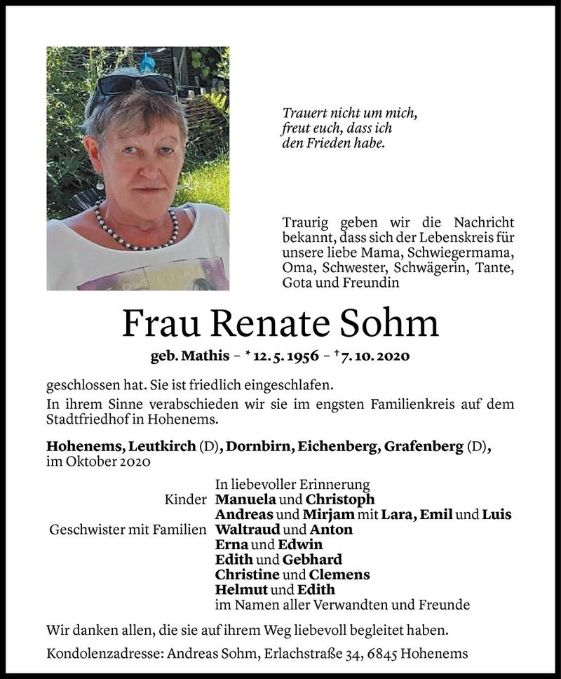  Todesanzeige für Renate Sohm vom 10.10.2020 aus Vorarlberger Nachrichten