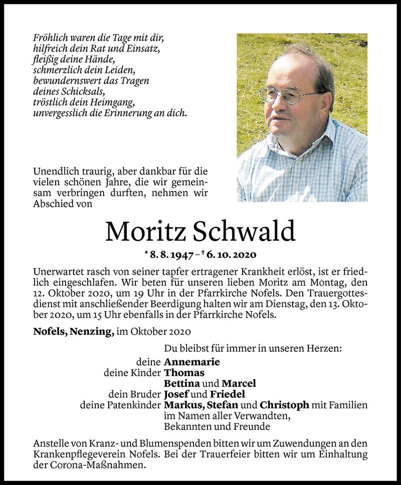  Todesanzeige für Moritz Schwald vom 09.10.2020 aus Vorarlberger Nachrichten