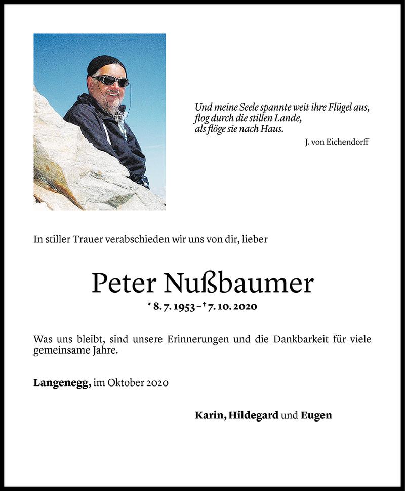  Todesanzeige für Peter Nußbaumer vom 09.10.2020 aus Vorarlberger Nachrichten