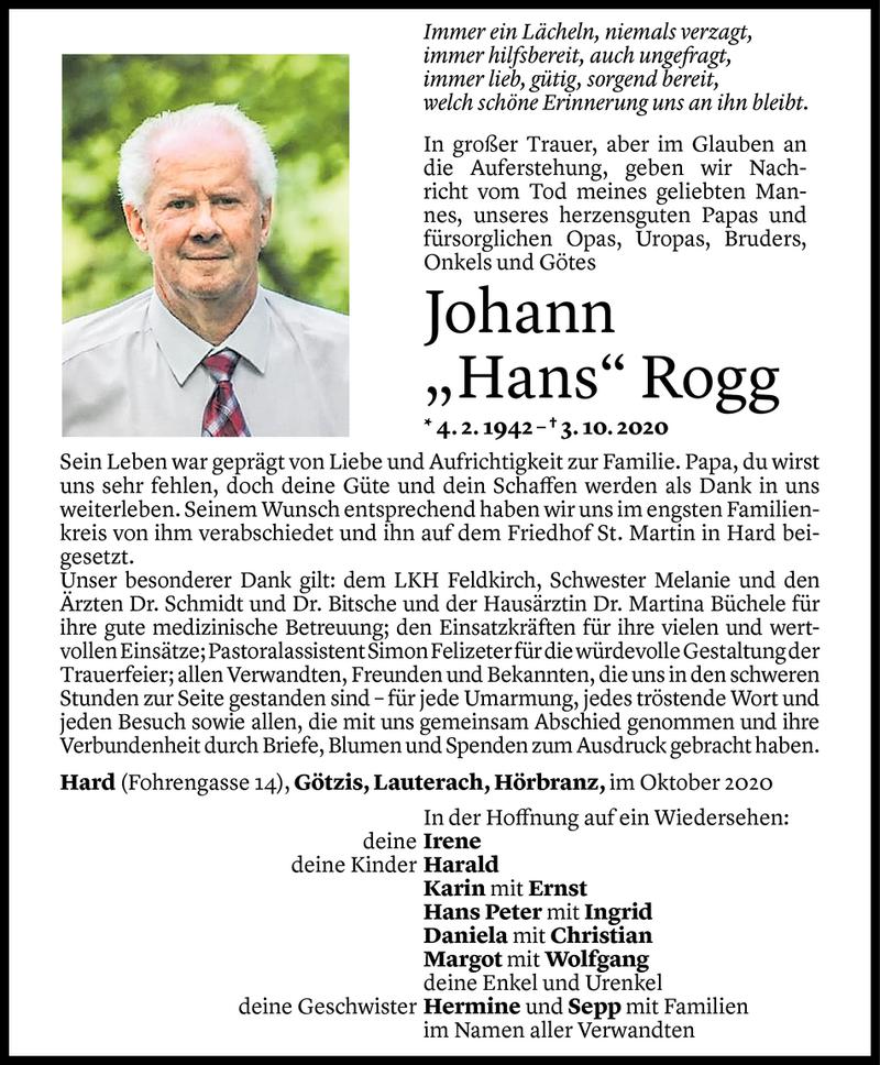  Todesanzeige für Johann Rogg vom 10.10.2020 aus Vorarlberger Nachrichten