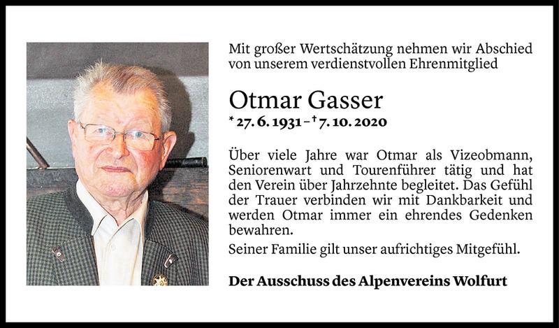  Todesanzeige für Otmar Gasser vom 09.10.2020 aus Vorarlberger Nachrichten