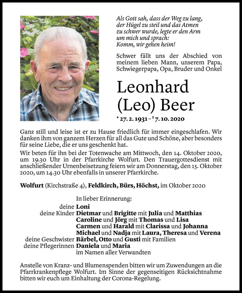  Todesanzeige für Leonhard Beer vom 11.10.2020 aus Vorarlberger Nachrichten