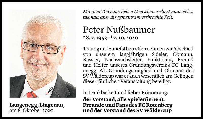  Todesanzeige für Peter Nußbaumer vom 09.10.2020 aus Vorarlberger Nachrichten