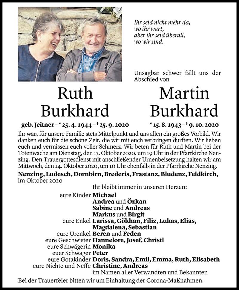  Todesanzeige für Ruth und Herr Martin Burkhard vom 09.10.2020 aus Vorarlberger Nachrichten