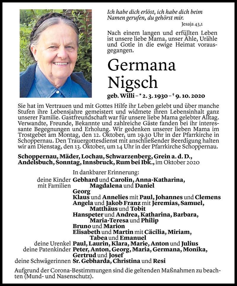  Todesanzeige für Germana Nigsch vom 11.10.2020 aus Vorarlberger Nachrichten