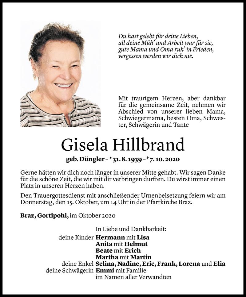  Todesanzeige für Gisela Hillbrand vom 13.10.2020 aus Vorarlberger Nachrichten