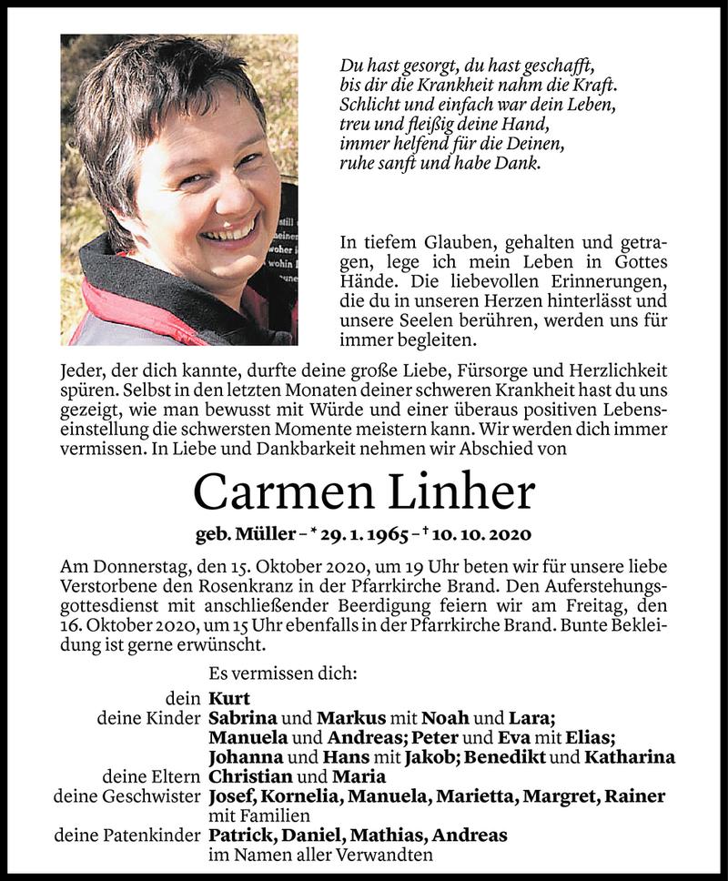  Todesanzeige für Carmen Linher vom 15.10.2020 aus Vorarlberger Nachrichten