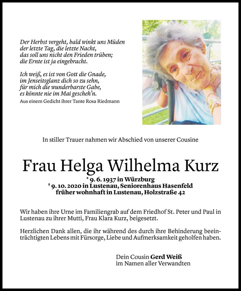  Todesanzeige für Helga Wilhelma Kurz vom 15.10.2020 aus Vorarlberger Nachrichten