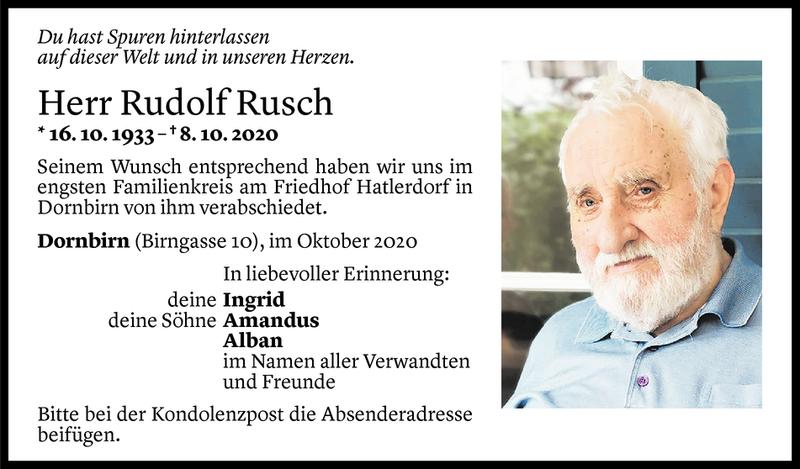  Todesanzeige für Rudolf Rusch vom 15.10.2020 aus Vorarlberger Nachrichten