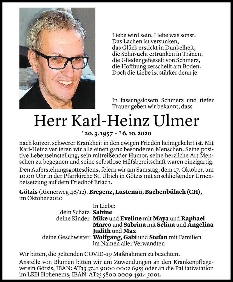  Todesanzeige für Karl-Heinz Ulmer vom 14.10.2020 aus Vorarlberger Nachrichten